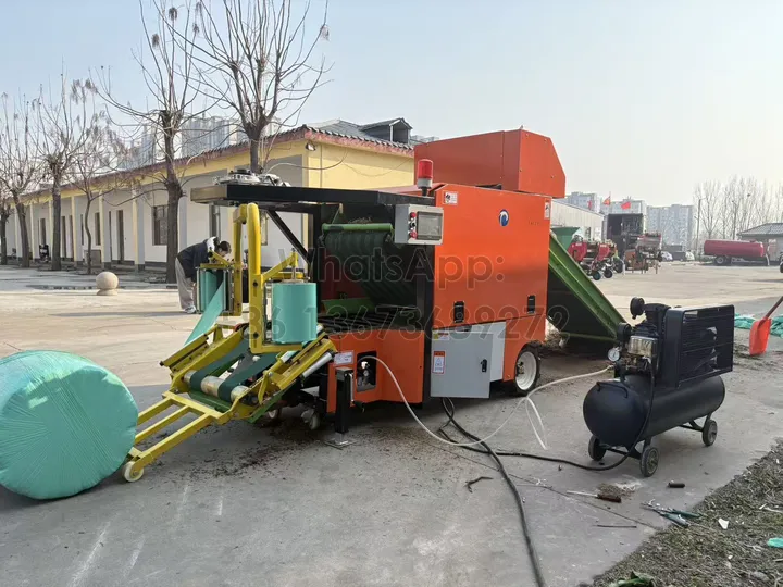 Grass baler and wrapper for round bales