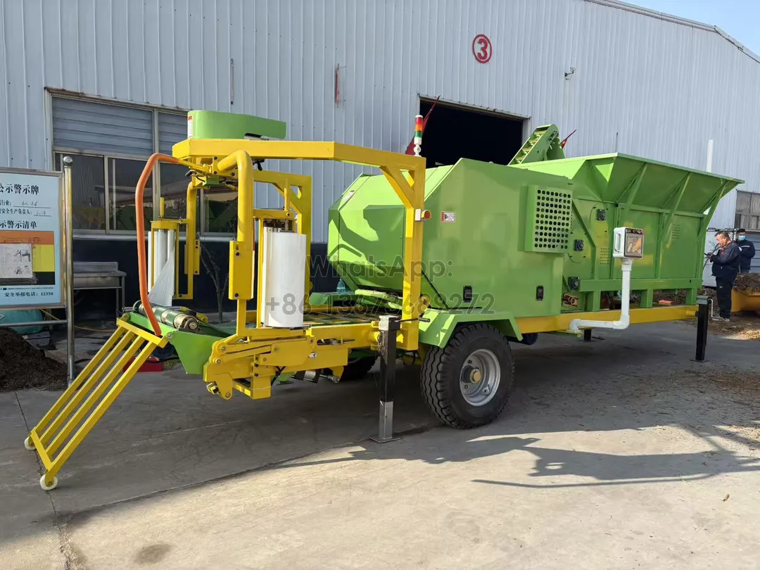 Industrial round baler wrapper working scene