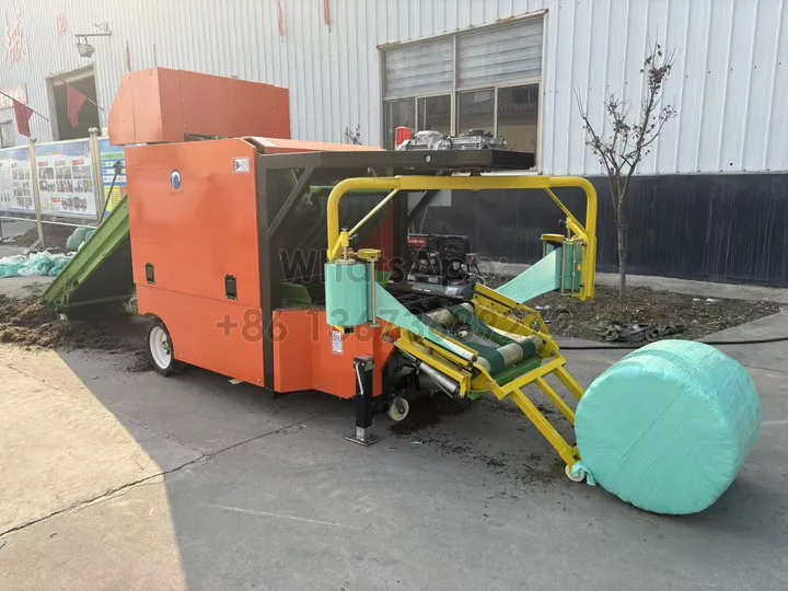 Silage round bale wrapper in working