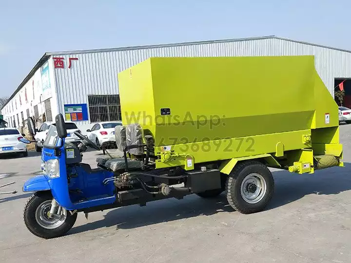 Tricycle sheep forage spreader with integrated diesel engine